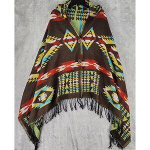 Velzera Sweater Womens One Size Southwestern Hooded Poncho Shawl Button Cardigan